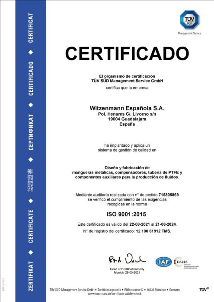 ISO 9001:2015 Certificado Witzenmann Espanola 